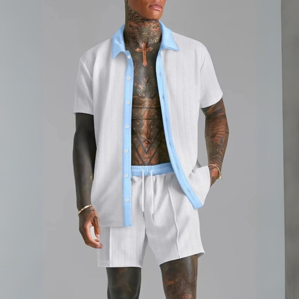 Men's White w/ Light Blue Contrast Collared Short Sleeve Top & Shorts Outfit